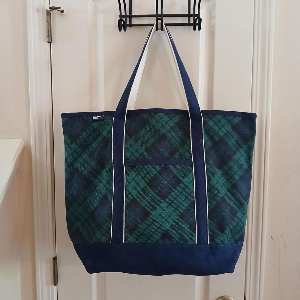 Lands' End Navy/Green Blackwatch Plaid Large Canvas Tote Bag Boat Tote Beach Bag